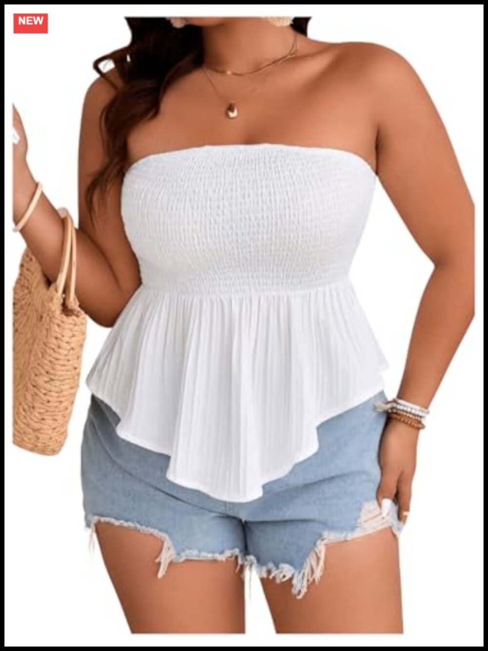 Plus Size Sleeveless Ruffle Hem Shirred Bandeau Boho Tube Top
